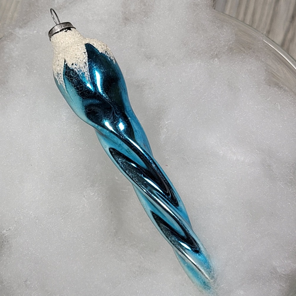 Blue Spiral Icicle Twist Mica‎ Snowcap Mercury Glass Christmas Ornament